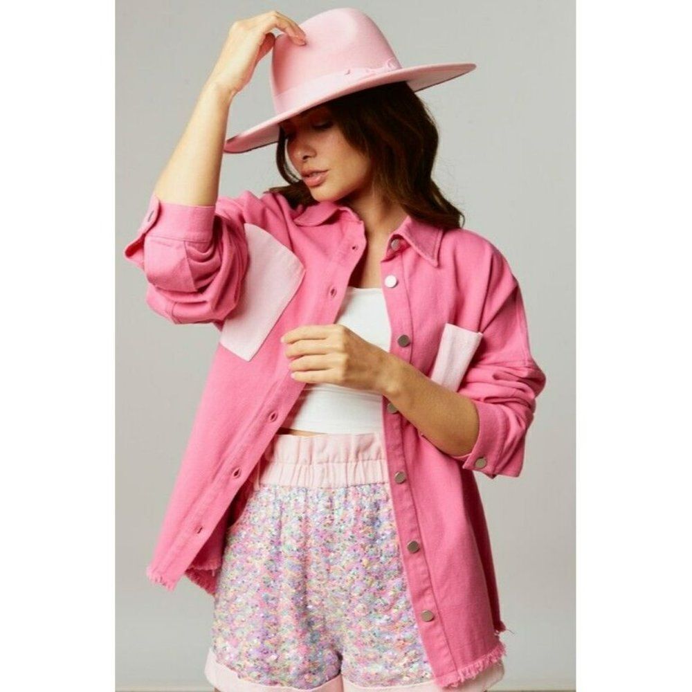 Fantastic Fawn Donut Skip the Shacket Sequin Patch Fuchsia Pink S-L IFJ51886-03 - Picture 3 of 5